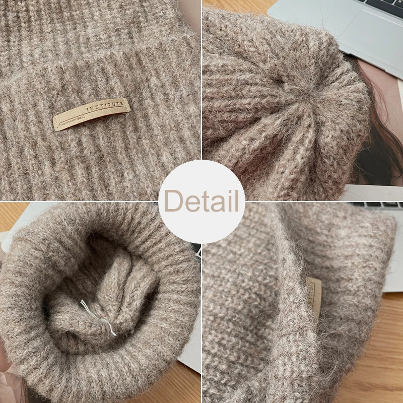 maoxiangshop - Knitted Heap Heap Beanie Hat for Women Solid Leather Label Pullover Cap Winter Thickened Warm Woolen Hats Outdoor Cycling Bonnet