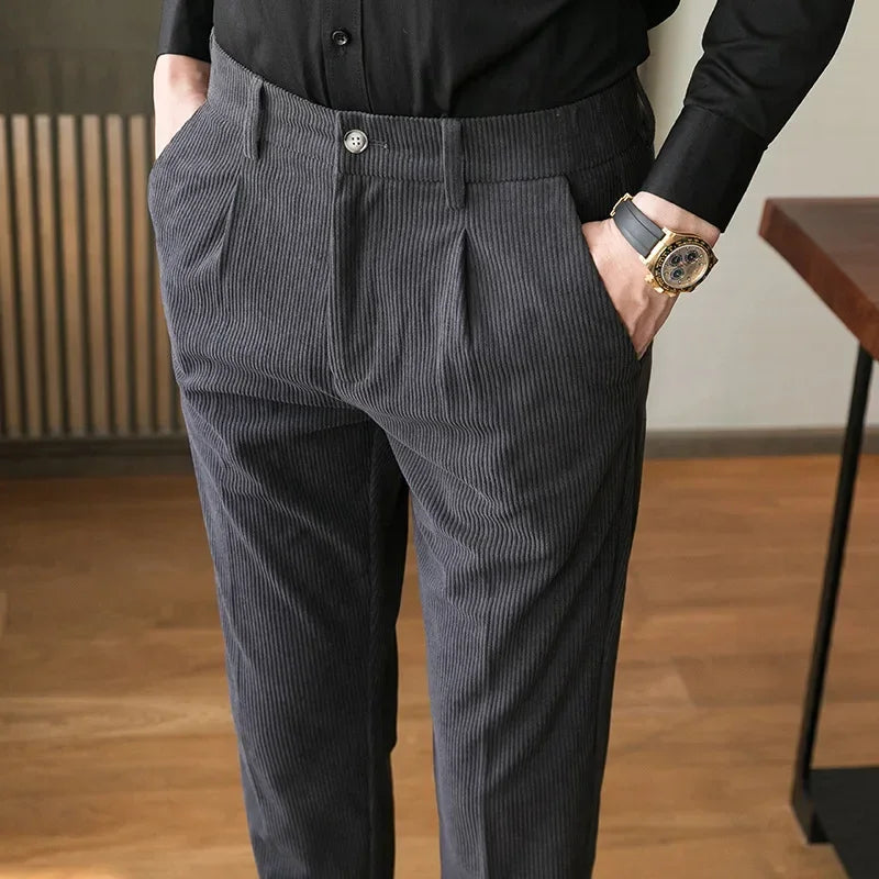 maoxiangshop British Style Men High Waist Casual Dress Pant Men Belt Design Slim Trousers Formal Office Social Wedding Party Dress Suit Pants