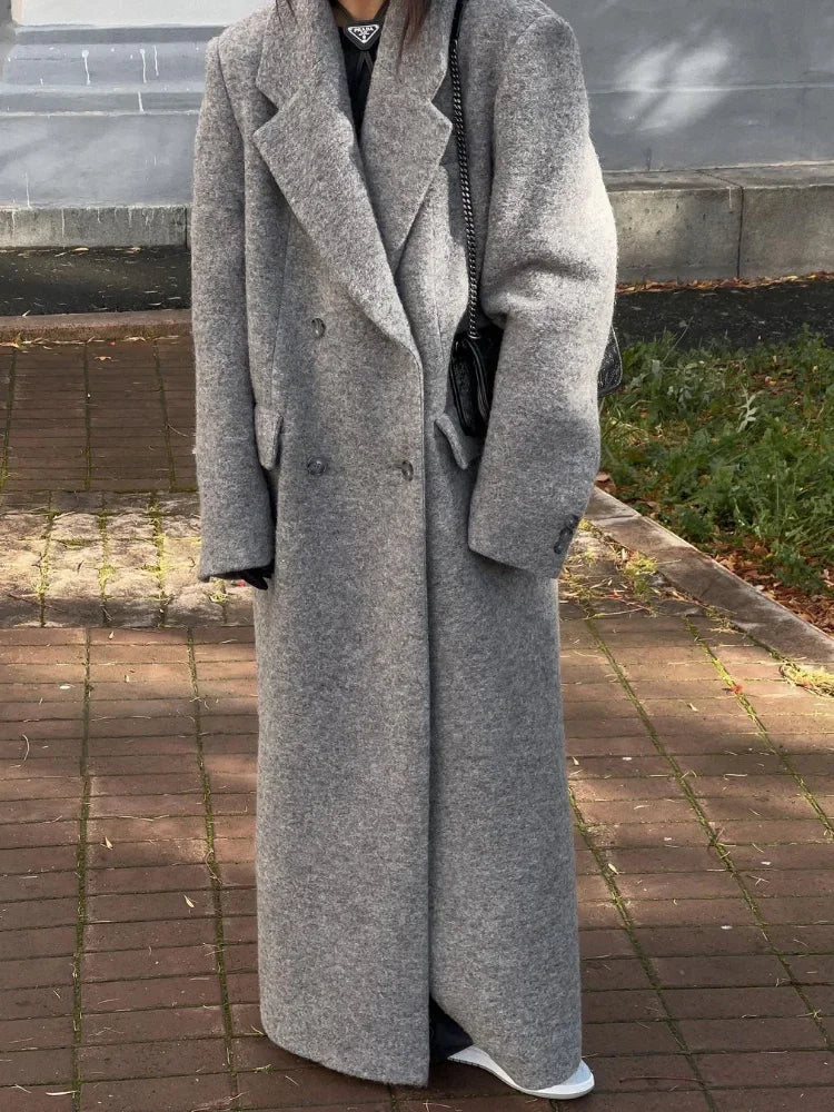 maoxiangshop - Fashion Grey Lapel Long Woolen Coats Women Double-breasted Pockets Long Sleeves Overcoat 2024 Autumn Lady Street Outerwear