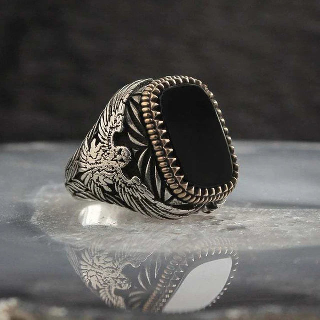 maoxiangshop Retro Handmade Turkish Signet Rings for Men Ancient Silver Color Carved Ring Mystic Zircon Inlay New Punk Motor Biker Ring