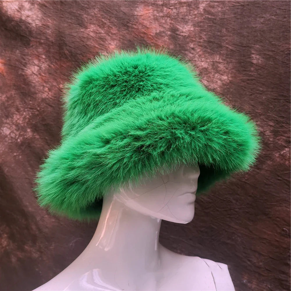 maoxiangshop - Luxury Ins Hot Y2k Girls Faux Fox Fur Bucket Hat Women Winter Warm Rabbit Fur Plush Fisherman Hat Cap Festival Party Ski Panama