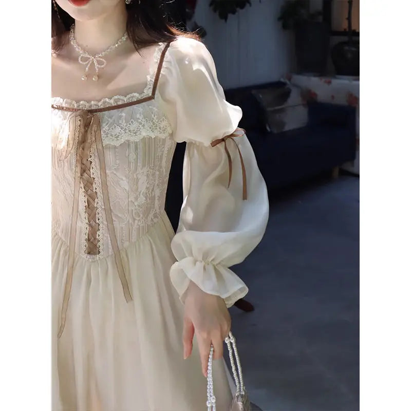 maoxiangshop - Autumn Long Sleeve Elegant Lace Dress Woman French Style Fashion Midi Dress Casual Party Slim One Piece Dress Korean Chic