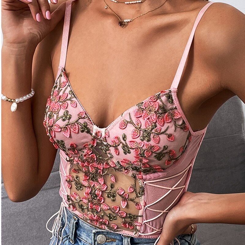 maoxiangshop Women Sexy Pink Tank Top Flower Embroidery V-neck Summer Slim Camisole Female Tie-Up Crop Tank Tops Vest Spaghetti Straps Camis