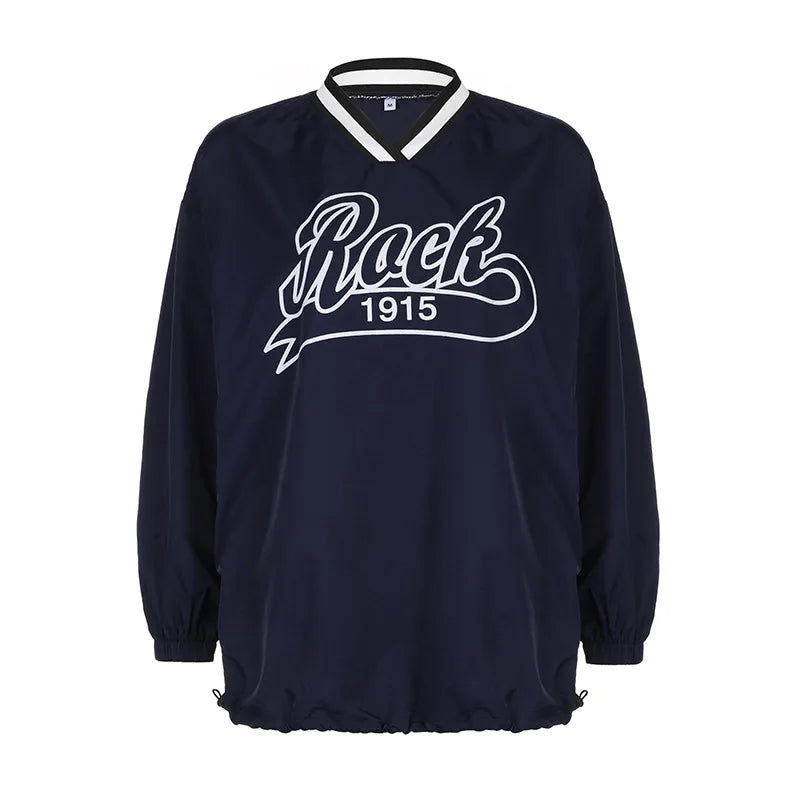 maoxiangshop - 2024 Autumn Letter Print Loose Casual Oversized Sweatshirts V-neck Long Sleeve Drawstring Casual Tops Harajuku Streetwear Outfit