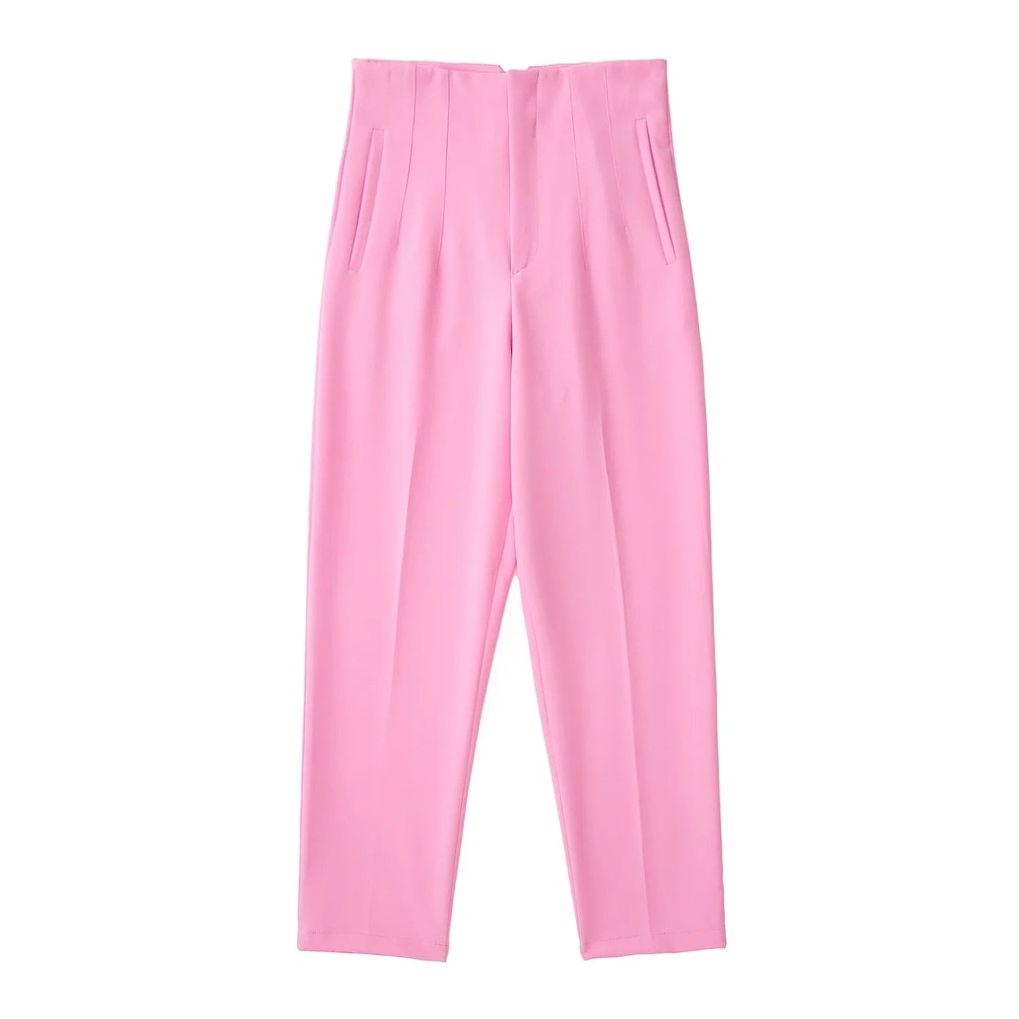 maoxiangshopWomen Light Blue Chic Fashion Office Wear Straight Pants Vintage High Waist Zipper Fly Female Trousers Fashion
