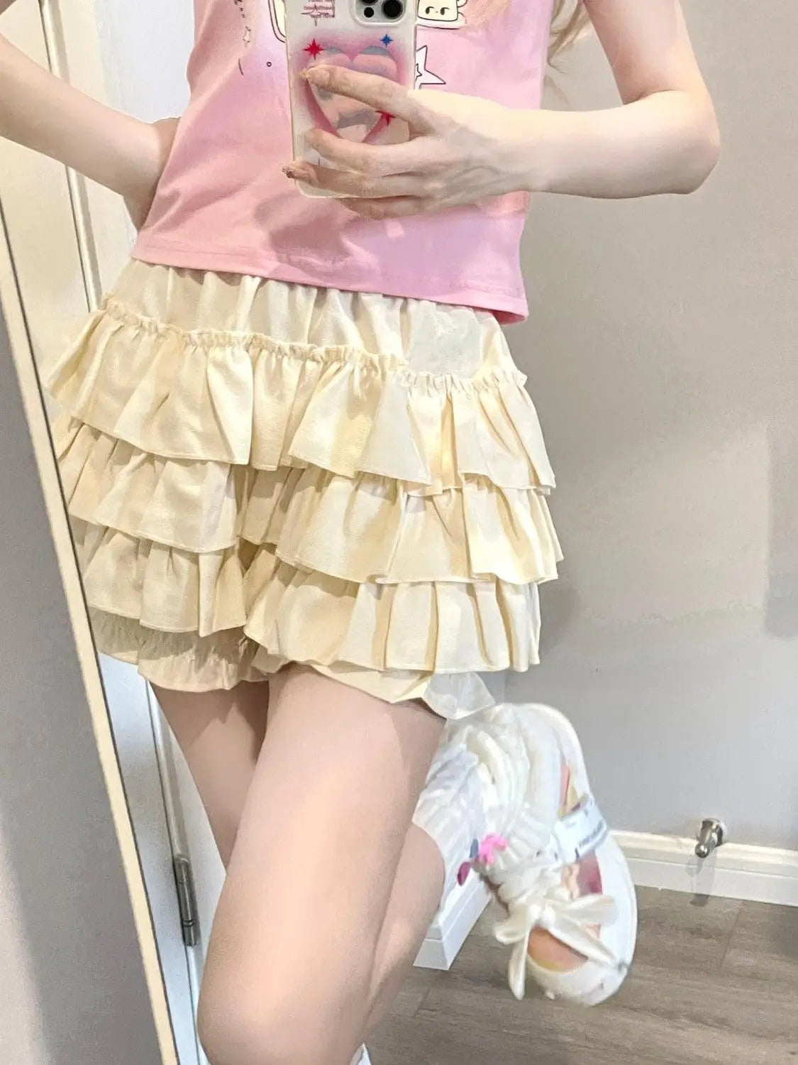 maoxiangshop Kawaii Lolita Skirt Women Ruffle Layered High Waist Cutecore Mini Skirt Shorts Harajuku Japanese Style Soft Girl