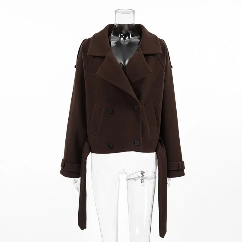 maoxiangshop - Brown Double Breasted Wool Coat Office Women's Retro Lapel Short Jacket Loose Solid Autumn Winter Coat Female Outfits
