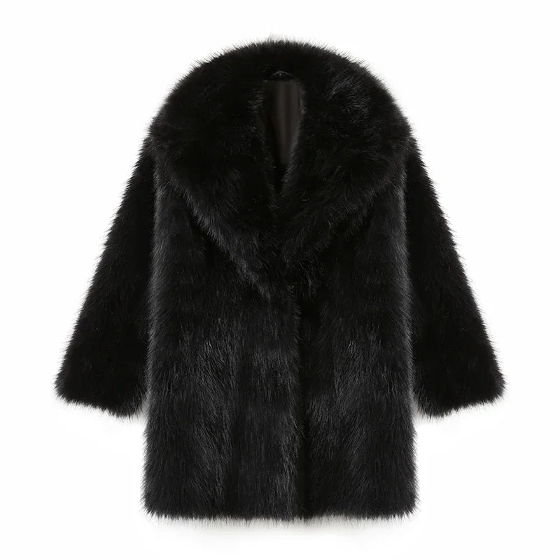 maoxiangshop - Lapels Faux Fur Coat Women 2024 Winter Brand Designer Fluffy Fox Fur Jacket Luxury Furry Overcoats Girl Stylish Long Outerwear