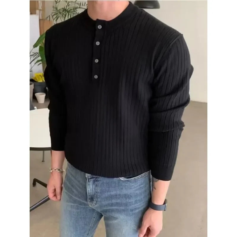 maoxiangshop Men's Semi High Neck Button Knitted Sweater, Men's 2024 Autumn and Winter Sweater, Casual Pullover, Long Sleeved Knitted Sweater