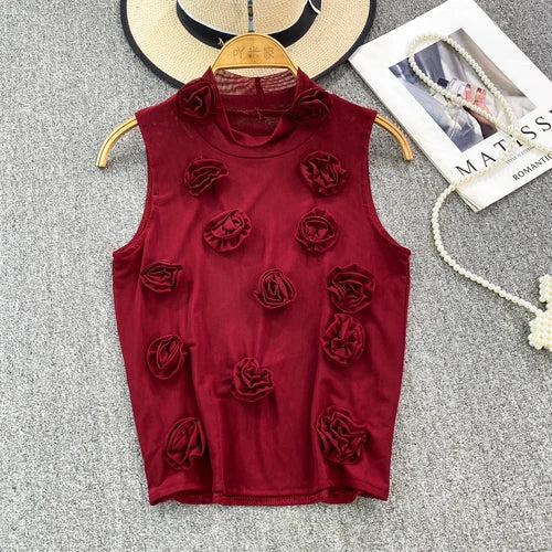 maoxiangshop American Chic Tank Top Women 3D Floral Mesh Sheer Stand Collar Sleeveless Female Crop Tops Streetwear Hot Camisole