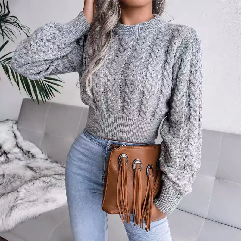 maoxiangshop Crop Cable Knit White Sweater Long Sleeve Crew Neck Pullover Women Jumper Soft Girls Autumn Winter Thick & Warm Knitwear