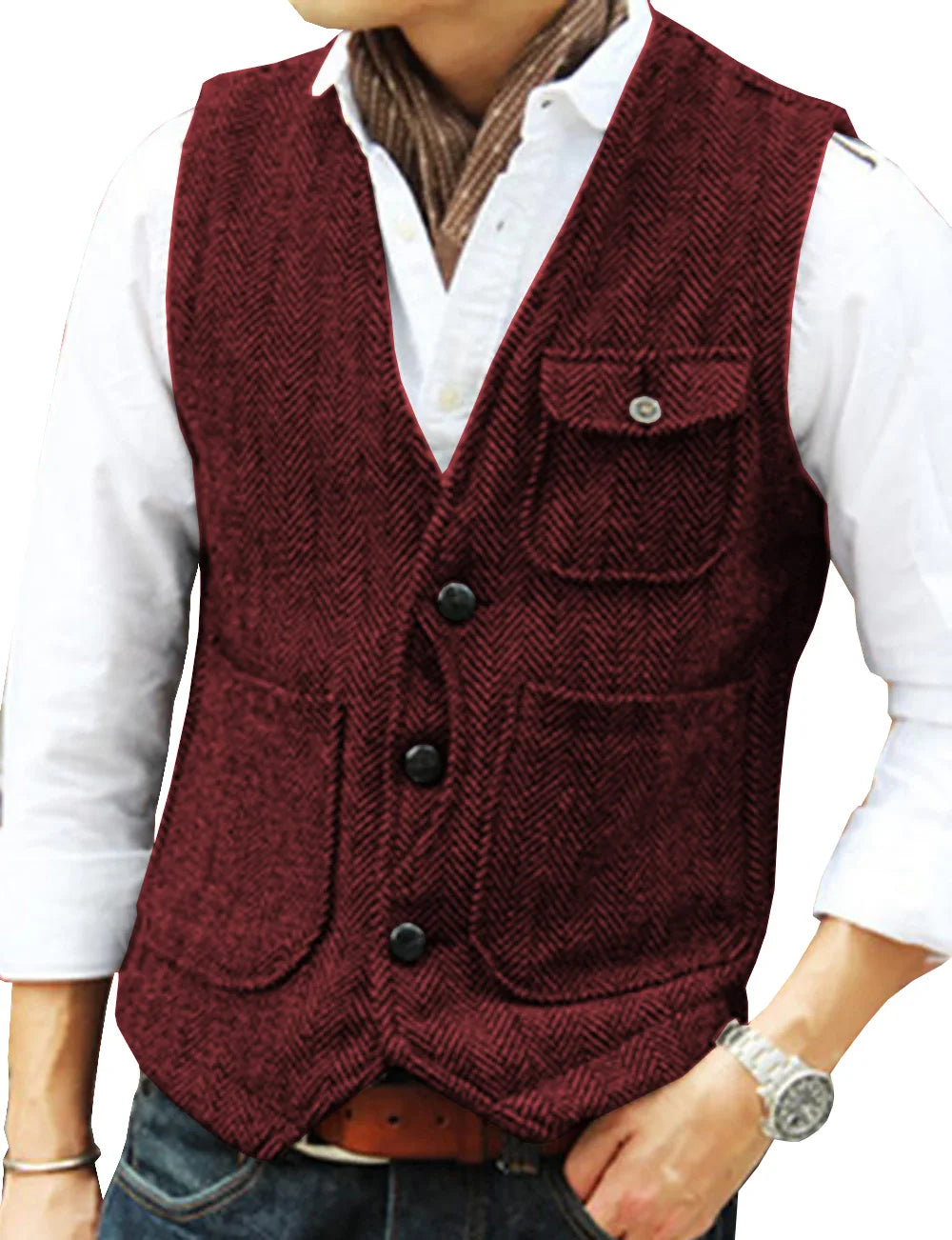 maoxiangshop Men's Vests Business Suit Vest Herringbone Tweed V Neck Formal Waistcoat For Wedding Suit Or Tuxedo Men Vest