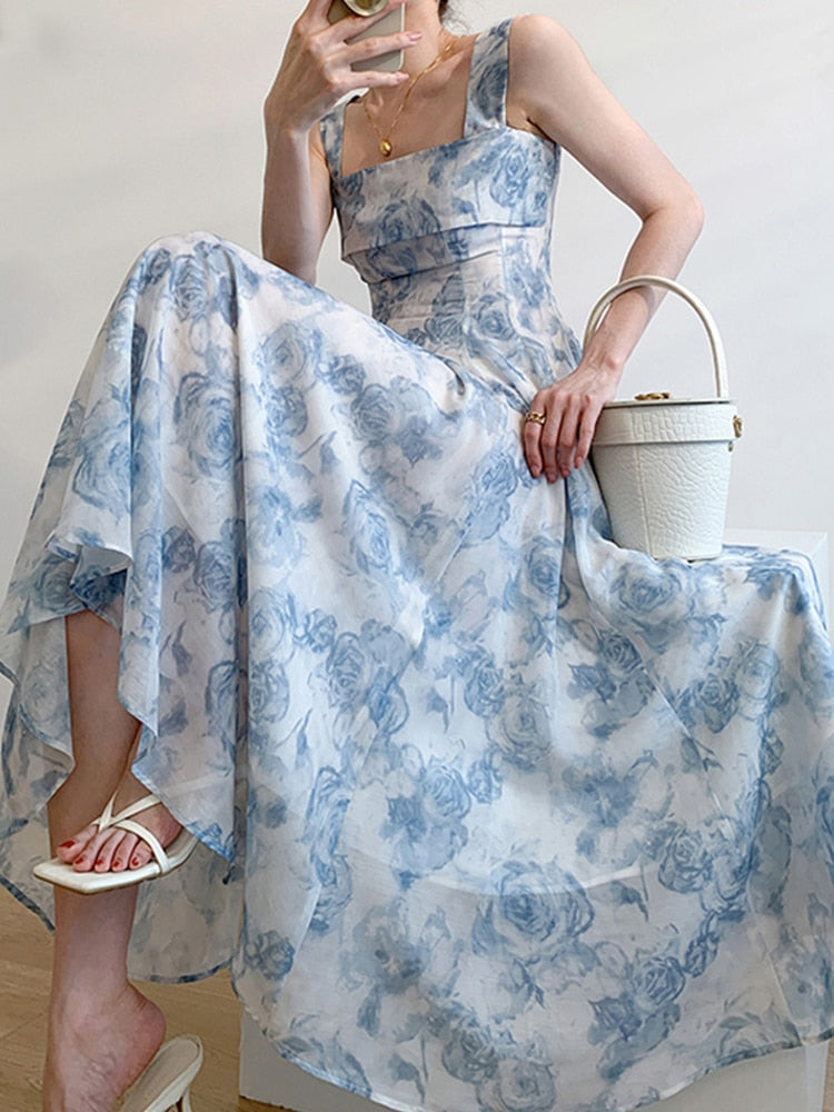 maoxiangshop Print Dress for Women Fashion Fairycore Spaghetti Strap Summer Dress Chic Elegant Square Collar Slim Midi Dress