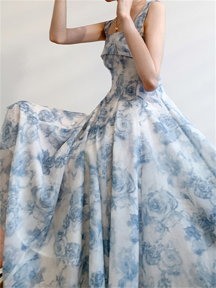 maoxiangshop Print Dress for Women Fashion Fairycore Spaghetti Strap Summer Dress Chic Elegant Square Collar Slim Midi Dress