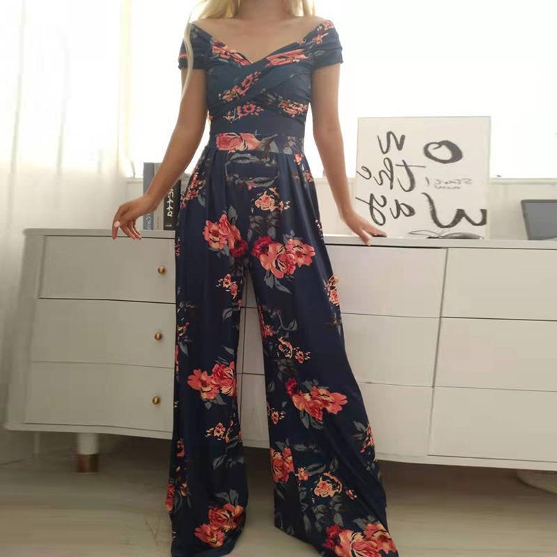 maoxiangshop Sexy Outfit Off Shoulder Print Wide Leg Jumpsuit Women Summer Casual Boho Casual High Waist Jumpsuits Clothes Overalls