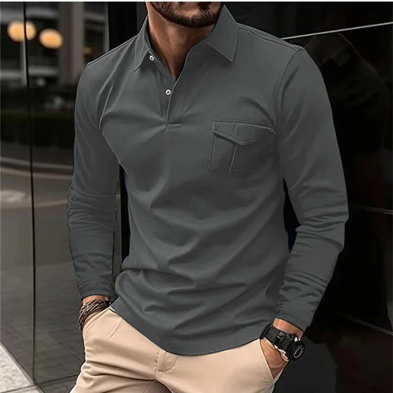 maoxiangshop Autumn And Winter New Sports Polo Shirt Men's Long-sleeved Casual Lapel Polo Shirt Solid Color Pocket T-shirt
