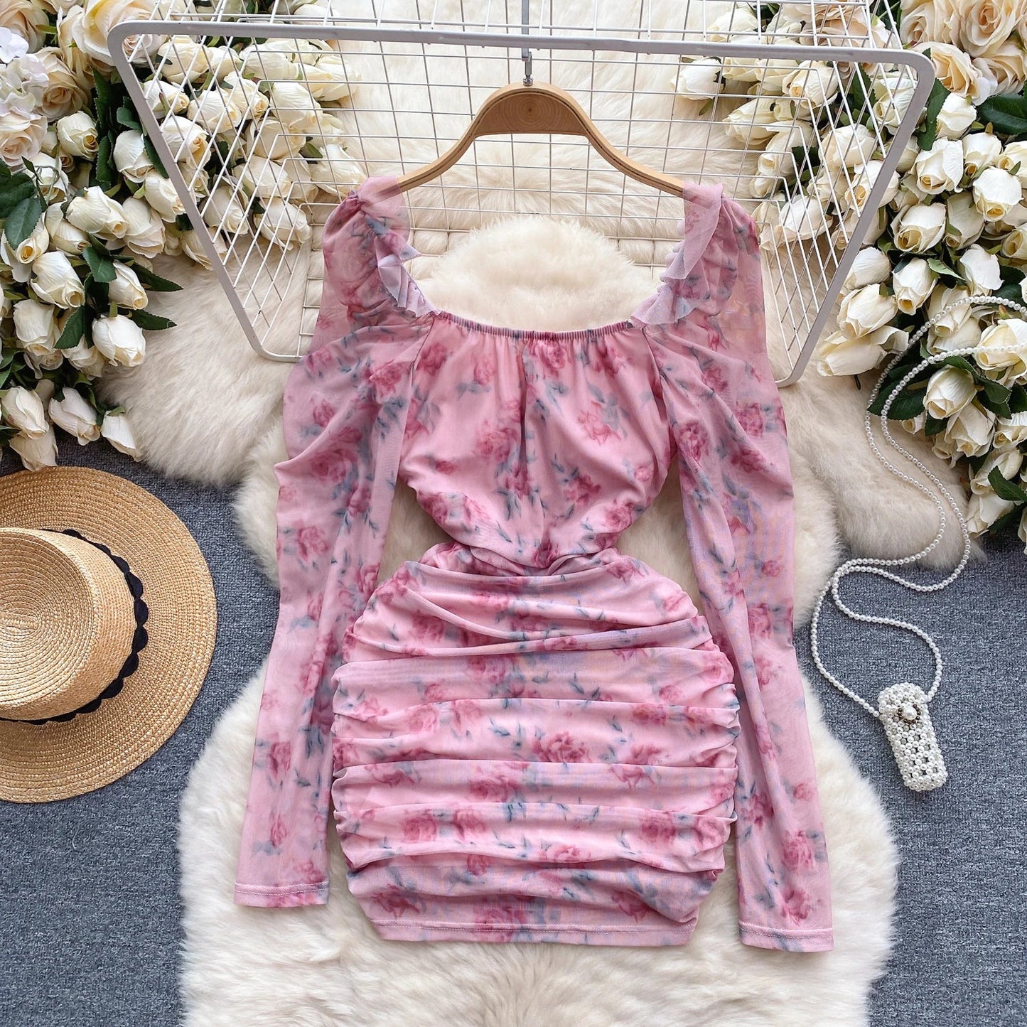maoxiangshop Women Elegant Print Pleated Mesh Square Neck Long Sleeve Dress Sexy Fashion Vestidos Slim Hip Wrap Dress