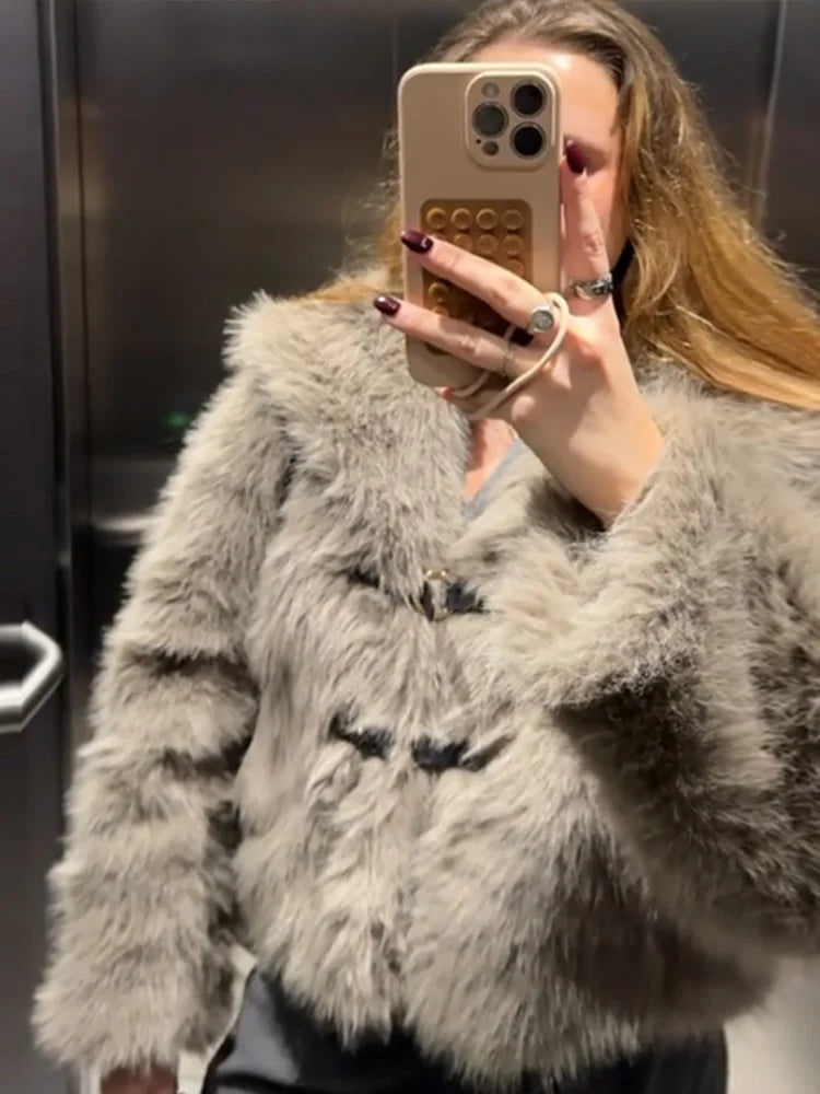 maoxiangshop - Vintage Faux Fur Button Coats Women Winter Loose Solid Plush Lapel Cost Female Autumn Warm Versatile High Street Outwear