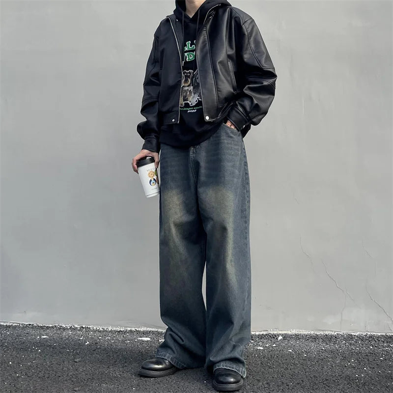 maoxiangshop Vintage Men's Wide Leg Trousers Jeans Straight Loose Mopping Pants High Street Male Casual Simple Daily Distressed Denim