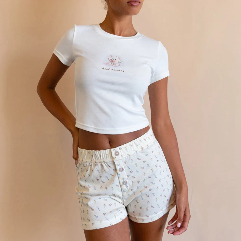 maoxiangshop - Women's Y2K Kawaii Summer Floral Print Button Elastic Mid Waist Cute Lounging Shorts Slim Fit Straight Sleep Bottoms