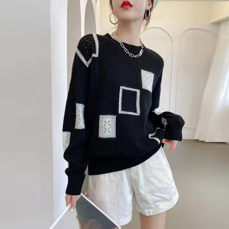 maoxiangshop Fashion Tops Women Oversized Sweater Autumn Winter New Colorblock Plaid Knitted Pullovers Round Neck Retro Warm Sweaters
