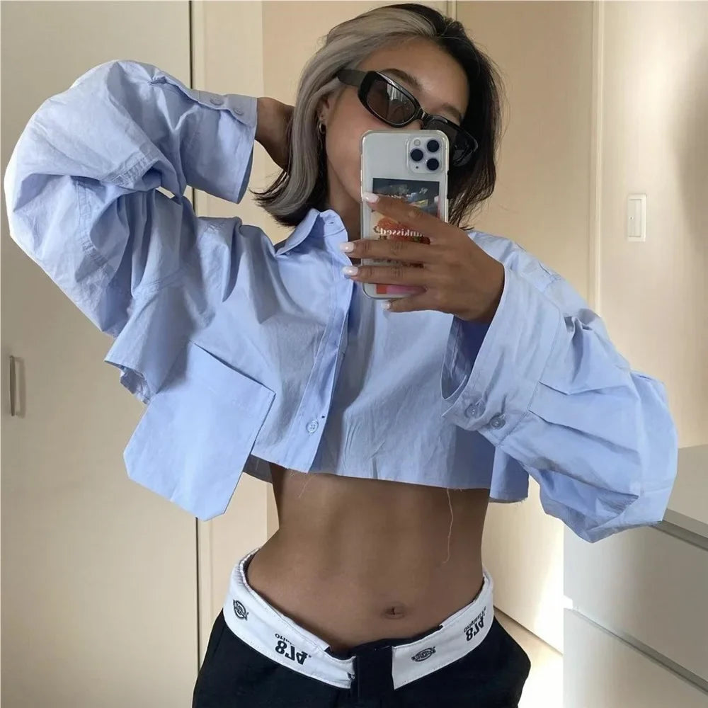maoxiangshop - Long sleeve cropped blouse women Summer fashion sexy short blouse women white cute tops loose pocket designer clothes