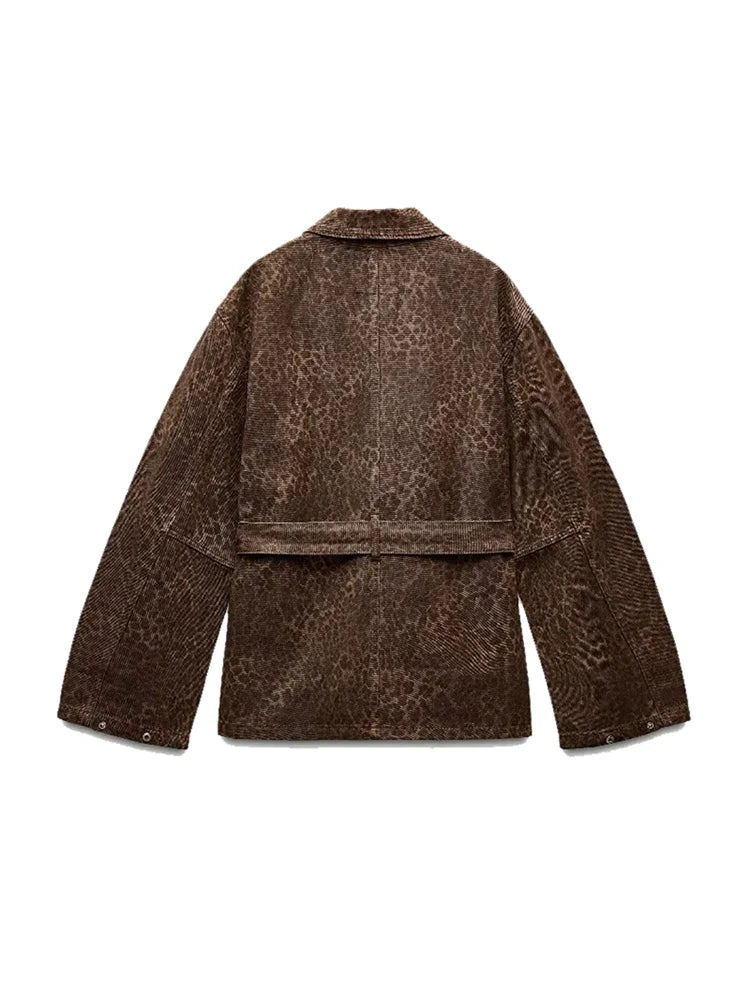 maoxiangshop - Leopard Jacket Women Lace up Lapel Autumn Coffee Print Women's Shirts Pockets Loose Casual Outerwears Female High Street Hipster