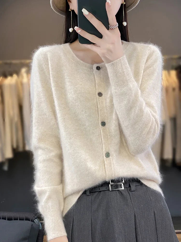maoxiangshop Aliselect Women Cardigan Super Warm Pure Mink Cashmere Sweaters O-neck Loose Female Clothes Ladies' Solid Color Knitwear Tops