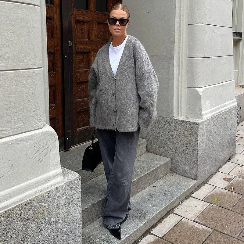 maoxiangshop - Casual Knitted Solid V-neck Cardigan Women Retro Loose Plush Single Breasted Sweaters Female Autumn Winter Elegant Knitwear