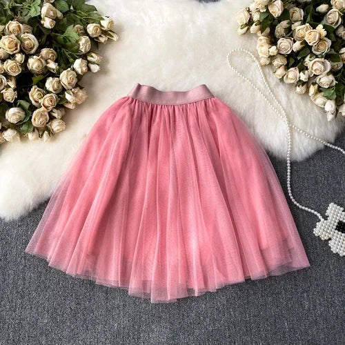 maoxiangshop Sweet Women Mini Skirt Mesh Solid Tierred Ruffles Elastic Waist Women's Clothing Almighty A-line Tulle Skirts Summer