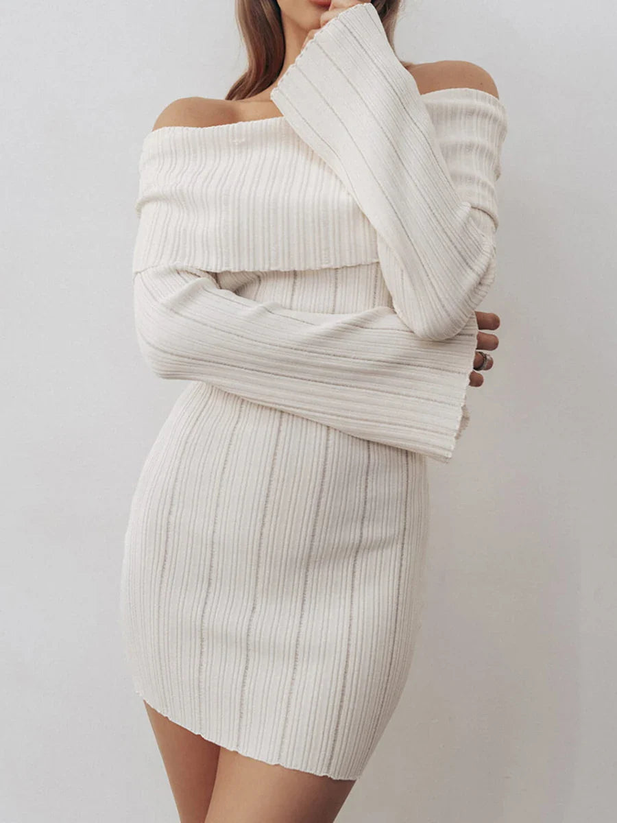 maoxiangshop - Off Shoulder Sexy Slim Mini Dress Women Autumn New Strapless Long Sleeve Solid Knitted Dresses 2024 Elegant Fashion A-line Dress