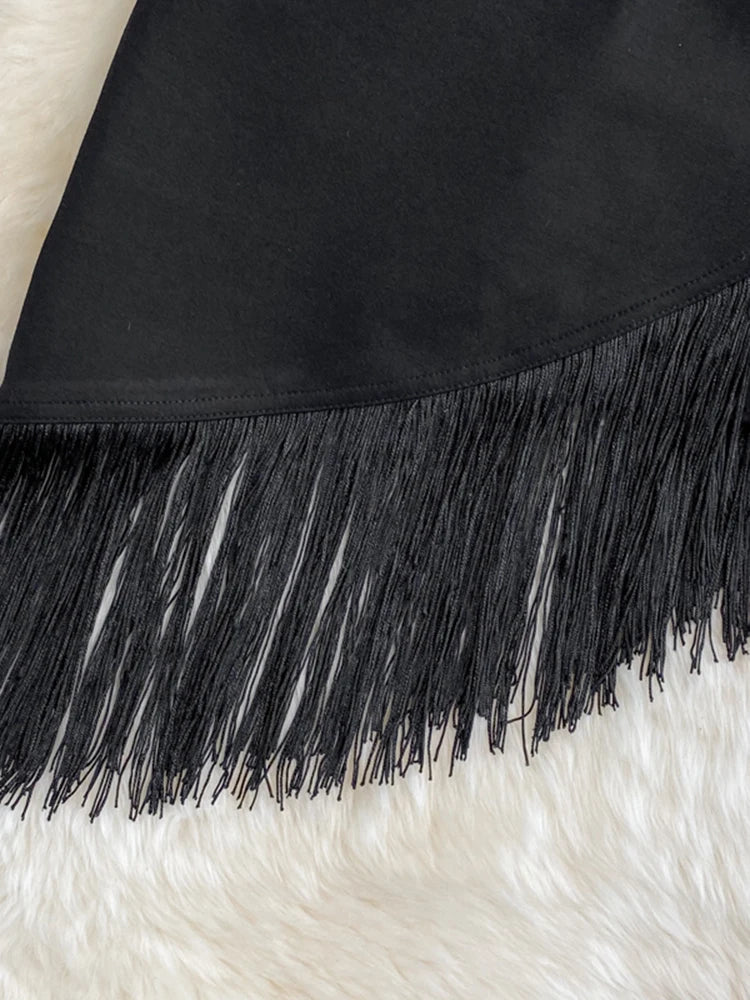 maoxiangshop Womern High Waist Fringed Short Skirt Women's Summer New Style Black Irregular Elastic Hip Skirt Anti-glare Skirt