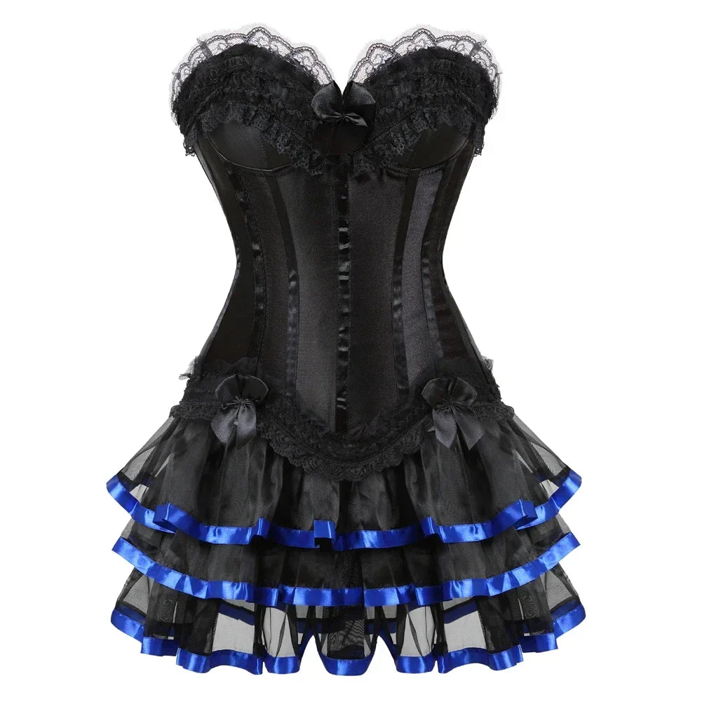 maoxiangshop - Corset Tutu Steampunk Satin Bustier Dress Burlesque Corselet Sexy Lace Up Corsage Skirt Classic Clubwear Carnival Party Costumes