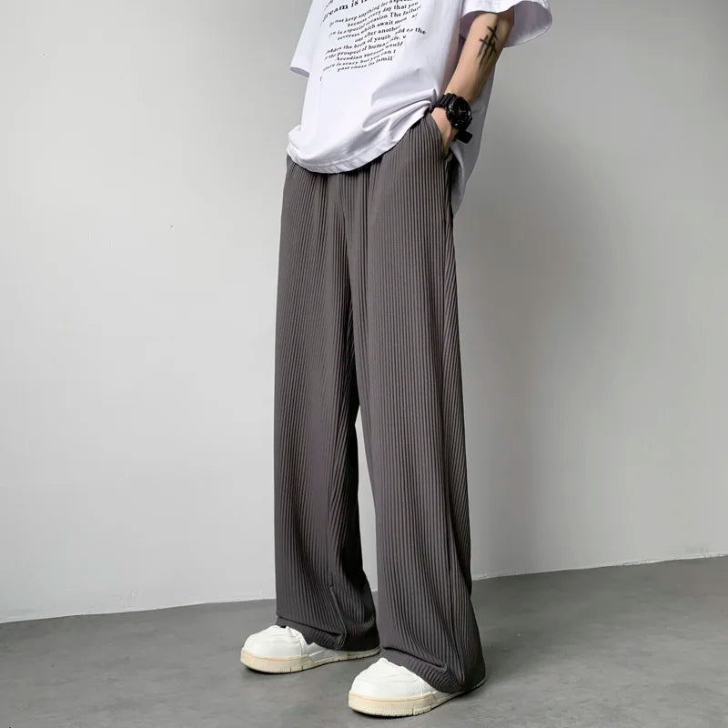 maoxiangshop Summer Pleated Pants Men Fashion Oversized Ice Silk Pants Men Japanese Streetwear Hip-hop Loose Straight Pants Mens Trousers
