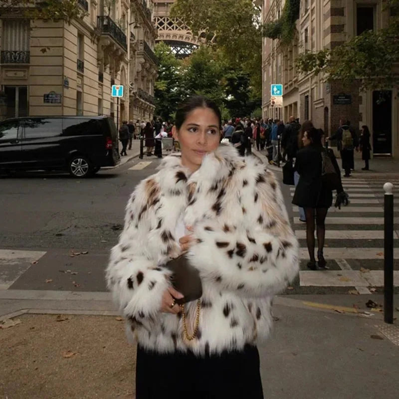 maoxiangshop - Dot Leopard Contrast Stand Collar Faux Fur Coat Women Warm Commute Long Sleeve Fluffy Plush Jacket Autumn High Street Outerwear