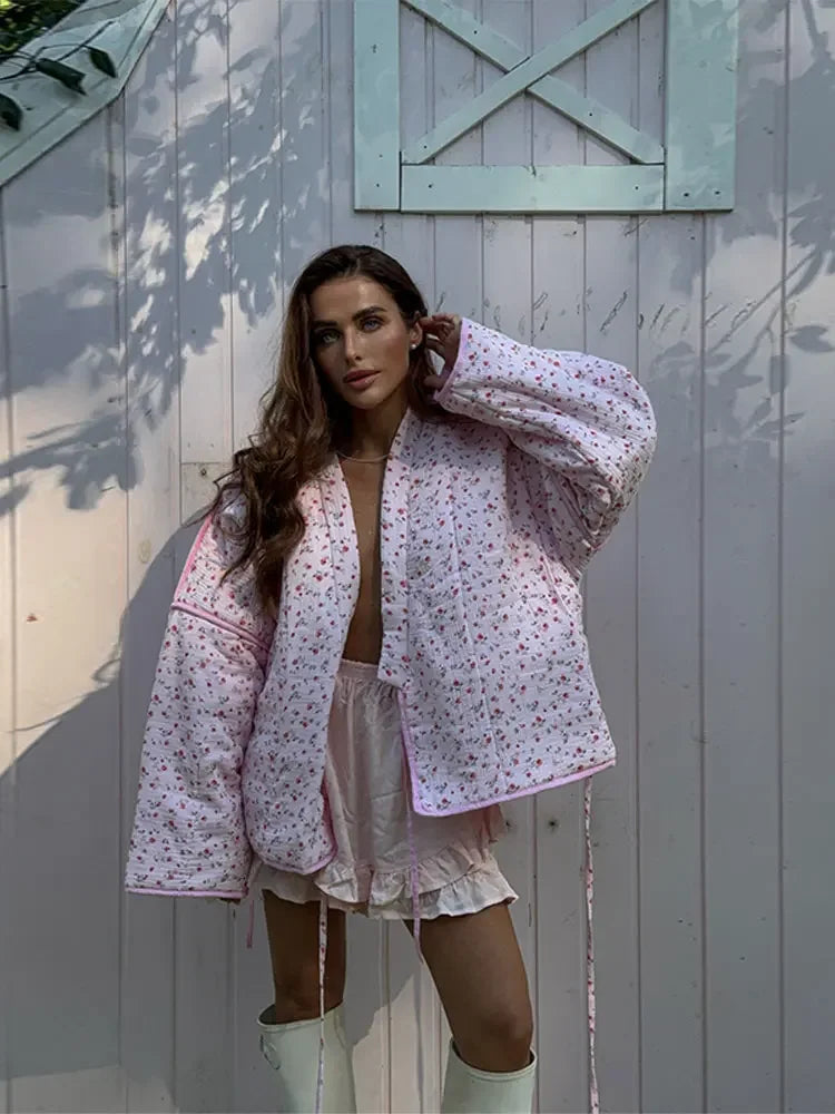 maoxiangshop - 2024 New Pink Floral Cotton Coats Women Fashion V-neck Full Sleeve Lace Up Loose Jacket Autumn Winter Chic Warm Lady Outerwear