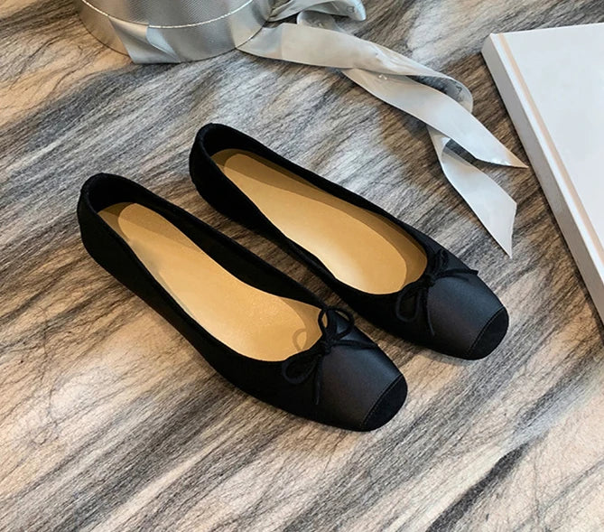 maoxiangshop - Fashion Elegant Silk Ballerinas Women Pumps Slip on Loafers Round Toe Square Heels Bowknot Casual Spring Autumn Shoes