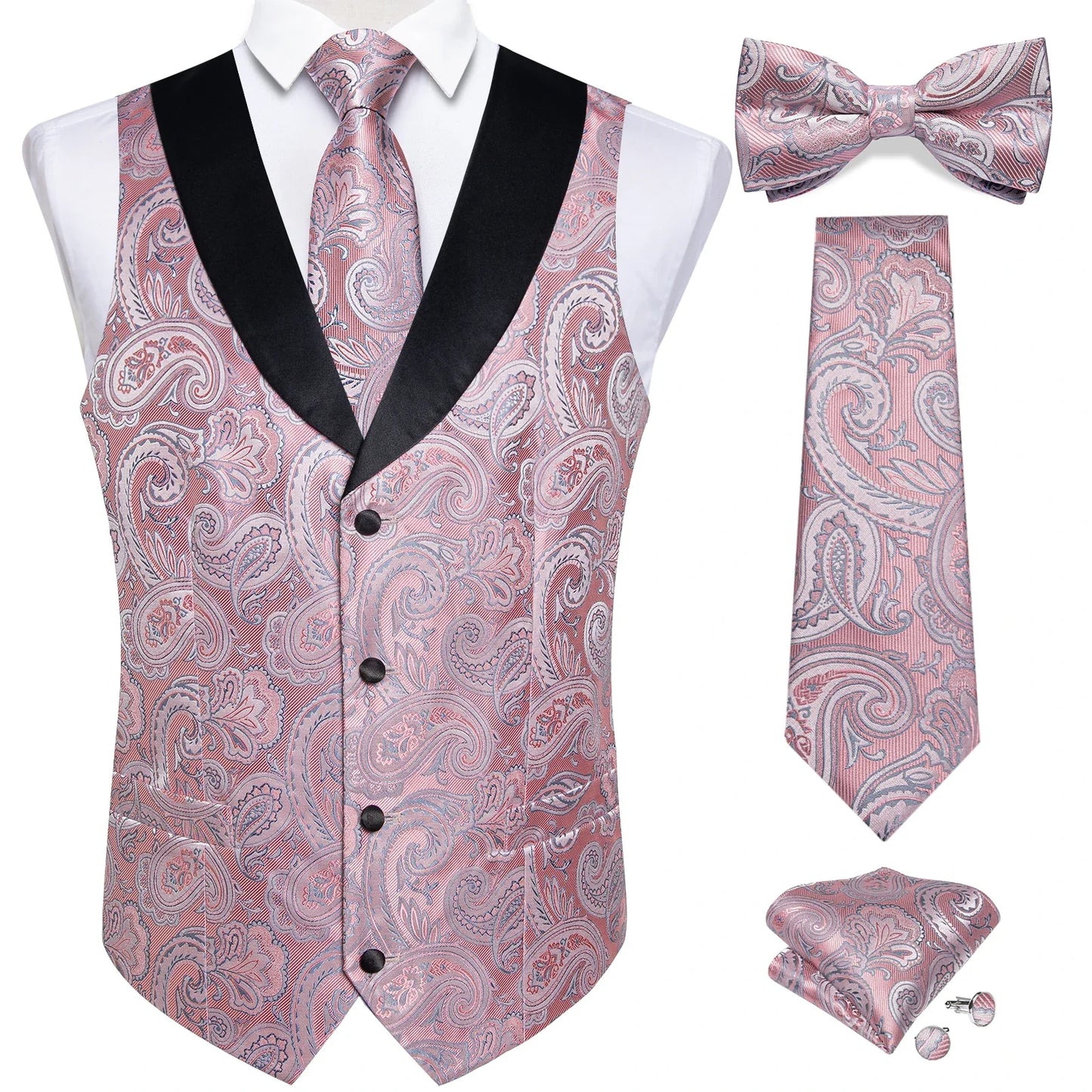 maoxiangshop Brand Suit Vest Set For Men Luxury Silk Black Gold Paisley Dress Vest Tie Cufflinks Handkerchief Set Male Sleeveless Waistcoat