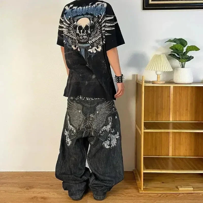maoxiangshop - American Y2K geometric embroidery design high waisted jeans for women 2024 new autumn winter fashion trend aesthetic sweatpants