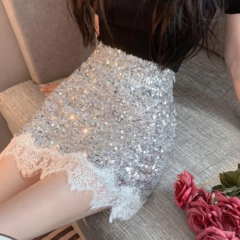 maoxiangshop Sexy Silver Sequin Skirt Woman Lace Patchwork High Waist Mini Skirts for Women Shiny Party Night Club Dance Skirt Ladies