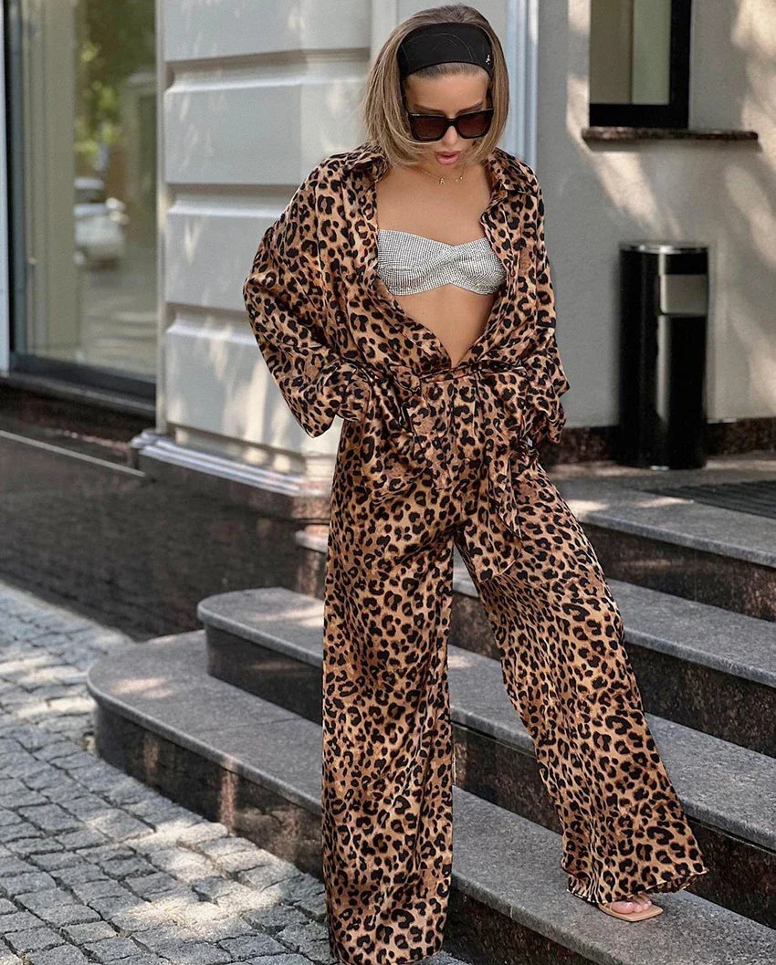 maoxiangshop - Leopard Street Pants Suits Women Oversize Printing Shirts And Wide Legs Pants Ladies Casual Sets Autumn 2024 Chic
