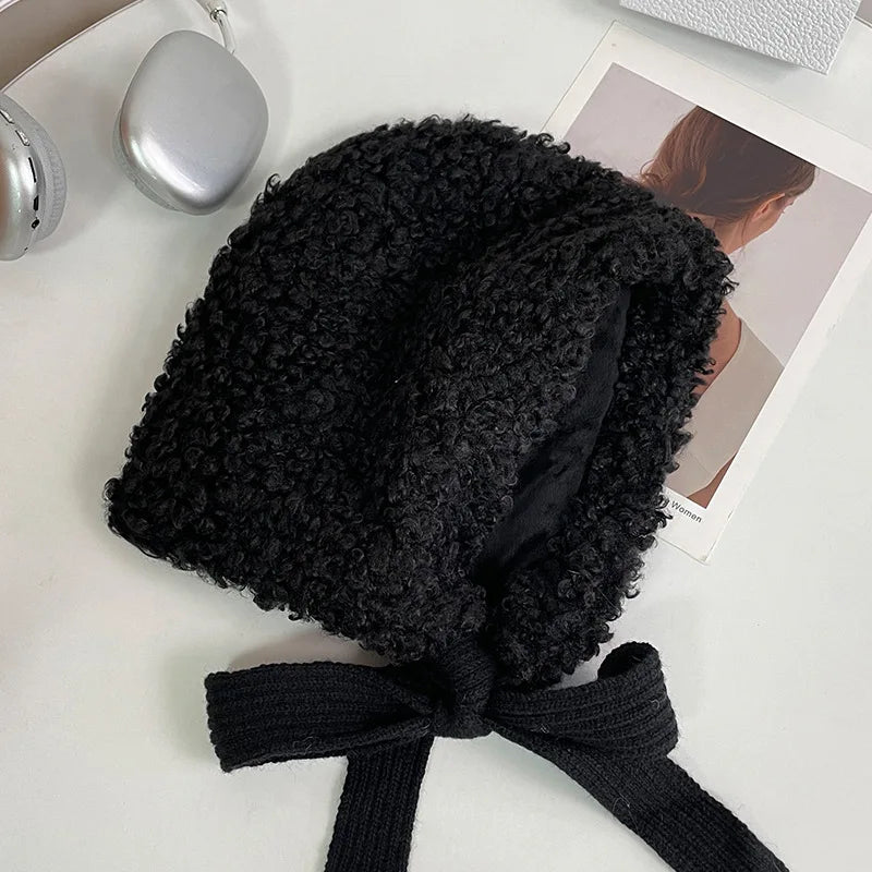 maoxiangshop - Lamb Wool Beanies for Women Winter Plush Warm Pullover Hats Thickened Windproof Ear Protection Cap Red Steeple Christmas Bonnets