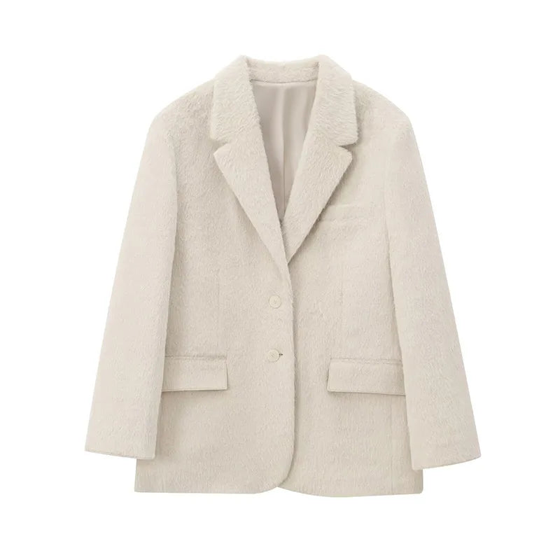 maoxiangshop - Fashion Plush Solid Color Women's Coat Turndown Collar Single Breasted Casual Loose Coats Winter Warm Windproof Women Outerwears