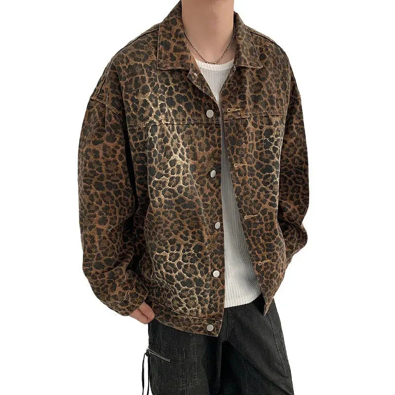 maoxiangshop Hip Hop Men's Vintage Leopard Print Denim Jackets Autumn Fashion Lapel Collar Zipper Jacket Coat Holiday Jackets Streetwear