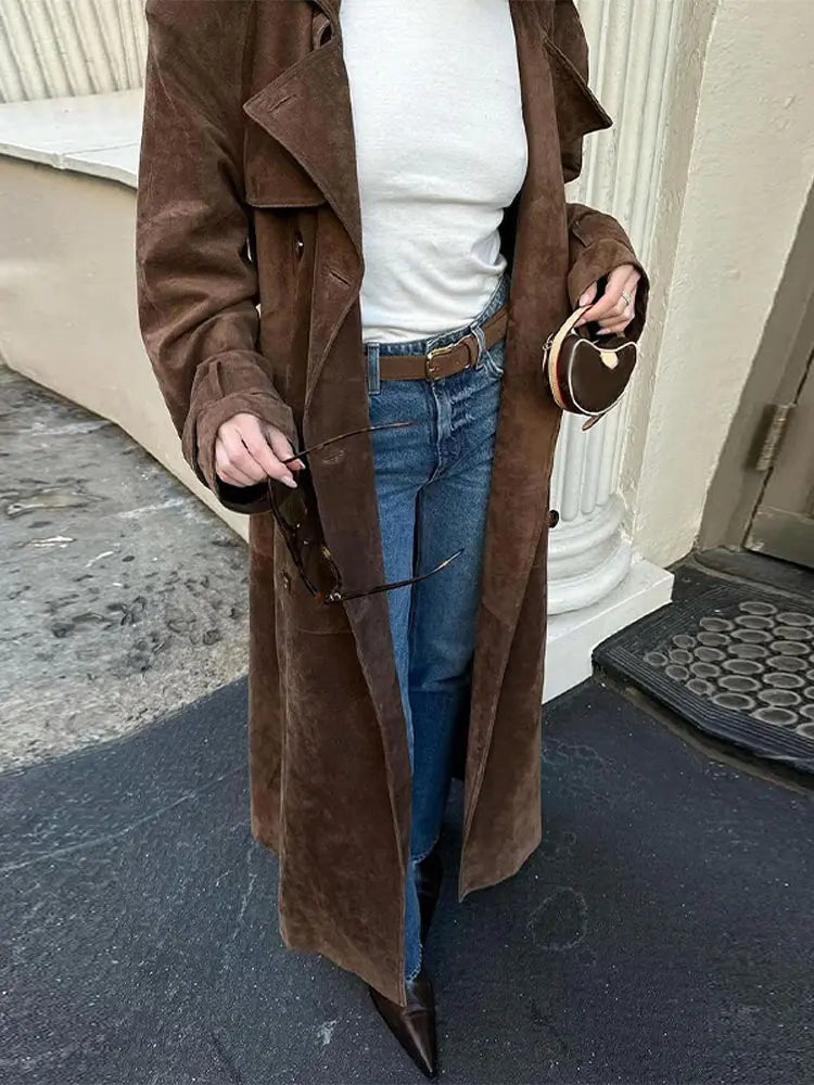 maoxiangshop - Fashion Solid With Belt Suede Long Jacket 2024 Women Chic Button Lapel Oversize Loose Overcoat Autumn Female High Street Coat