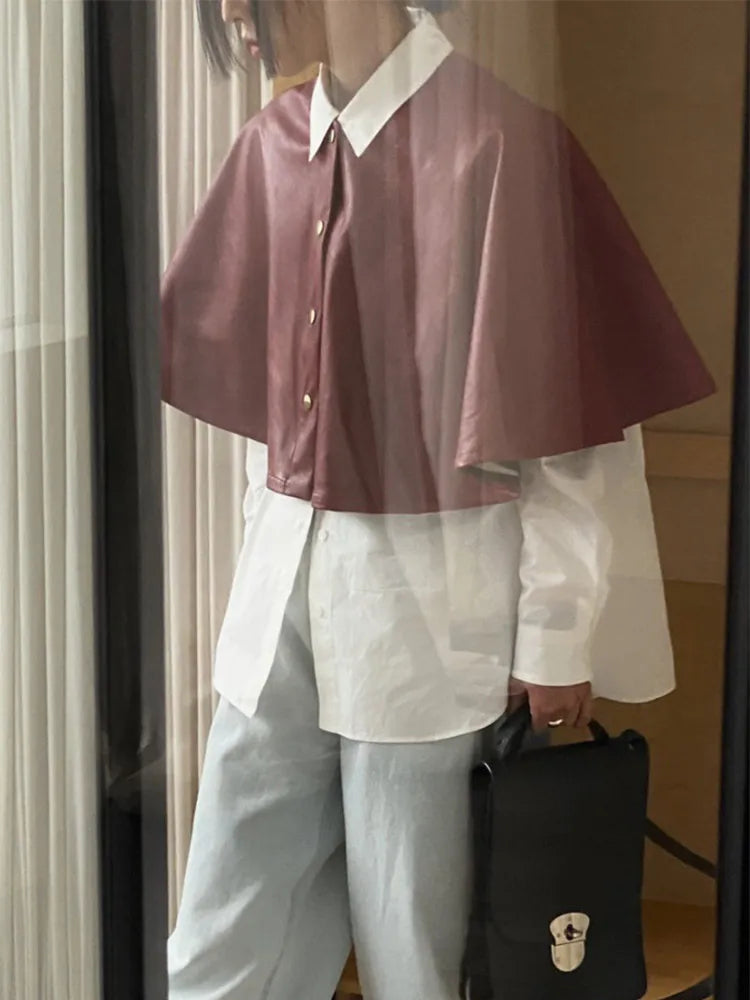 maoxiangshop - Solid Color Leather Women's Cloak Shawl Fashion Round Neck Single Breasted Short Tops Autumn Casual Loose Retro Women Jacket