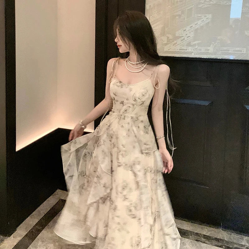 maoxiangshop Vintage Shivering Print Dress for Women Sling Sleeveless Slim Flounce Chiffon Casual Korean Long Dresses Female Clothing Summer