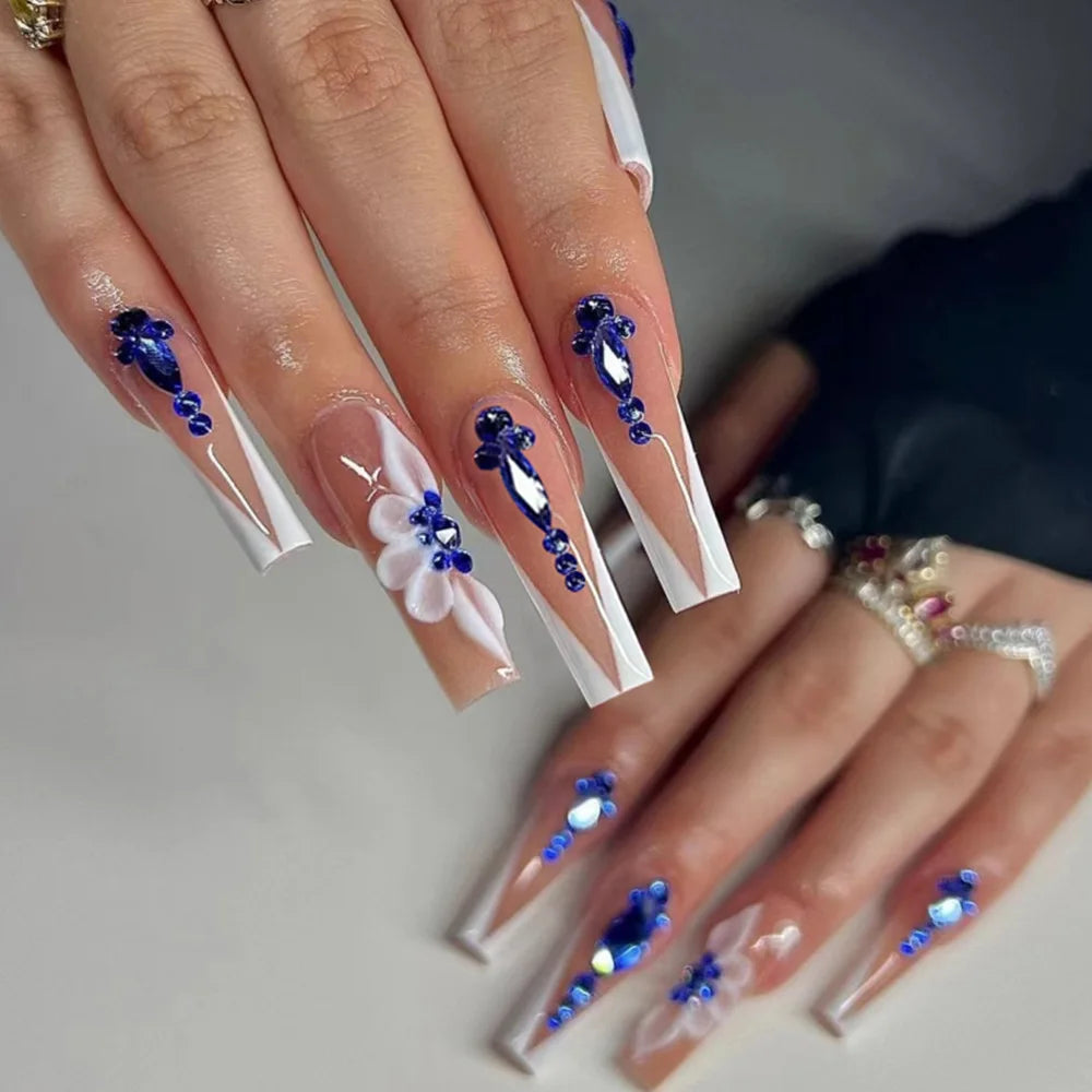 maoxiangshop 24Pcs Long Ballet False Nails with Butterfly Rhinestone Design Coffin French Fake Nails Purple Press on Nails Wearable Nail Art