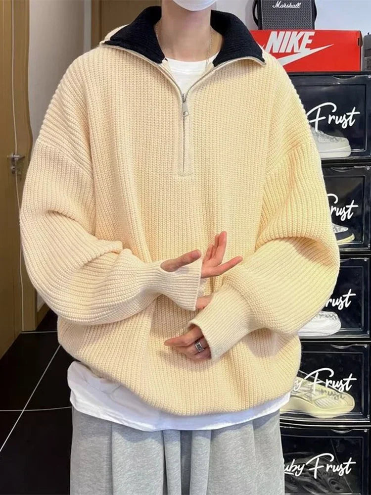 maoxiangshop FALL OUTFITS MEN Autumn Men's Half Zipper Knitted Pullover Sweater Y2K Vintage Casual Knitwear New Stand-up Collar Loose jersey hombre
