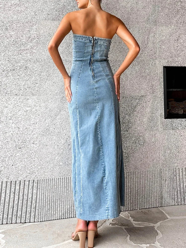maoxiangshop - Side Slit Denim Bodycon Dress For Women Slim Sleeveless Maxi Dresses Women's Street Sexy Streetwear Woman Autumn New
